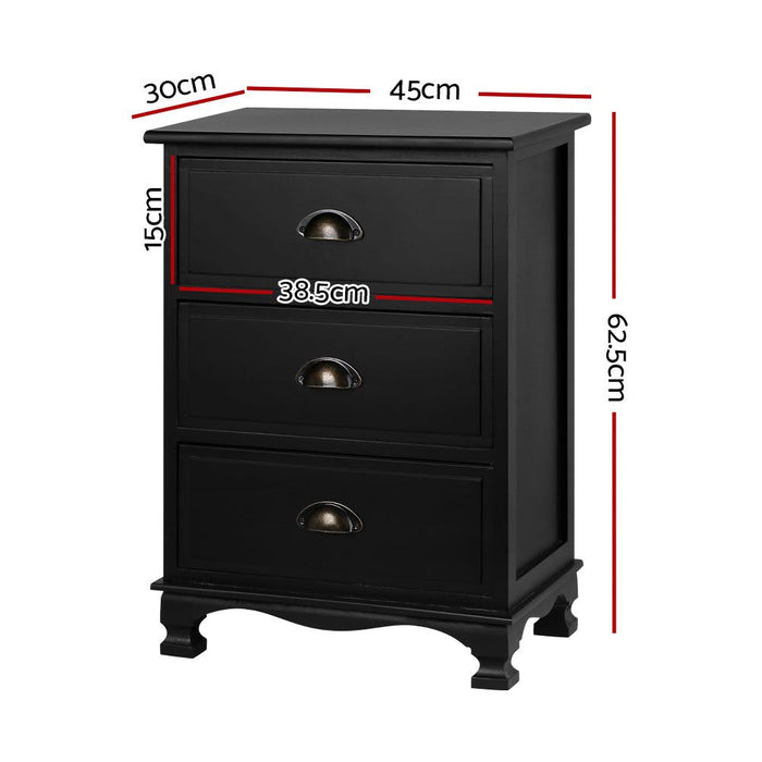 Artiss Bedside Table 3 Drawers Vintage - THYME Black -Home Living Store - -