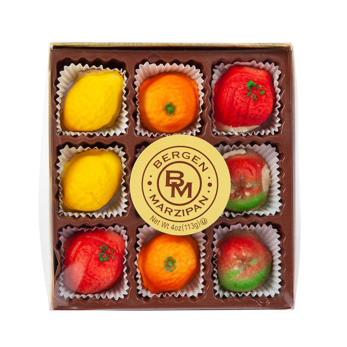 Bergen Marzipan Fruit Candy Gold Box 9 Piece - 24 Count