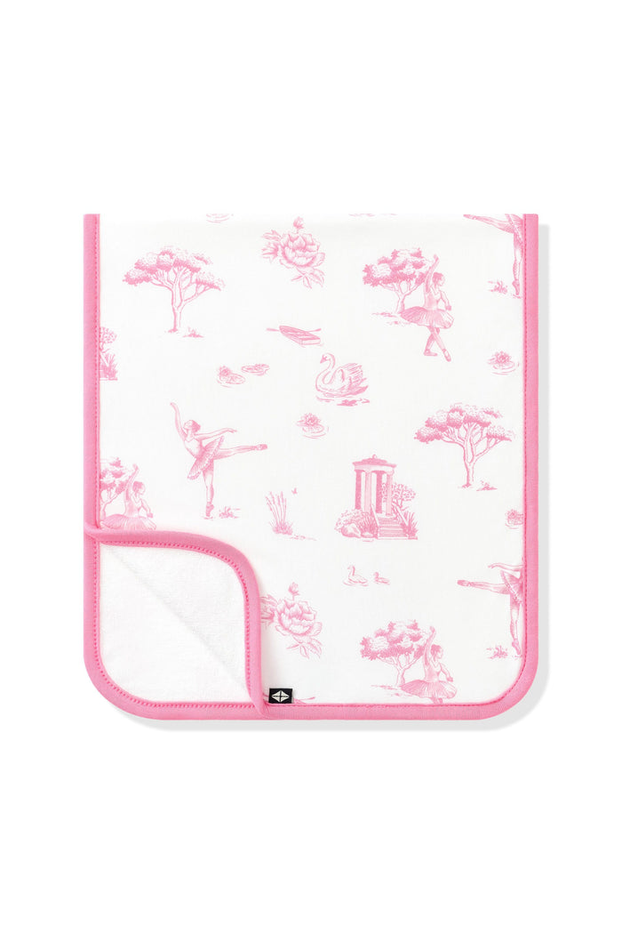 Burp Cloth in Toile Ballet folded in half with the corner folded up