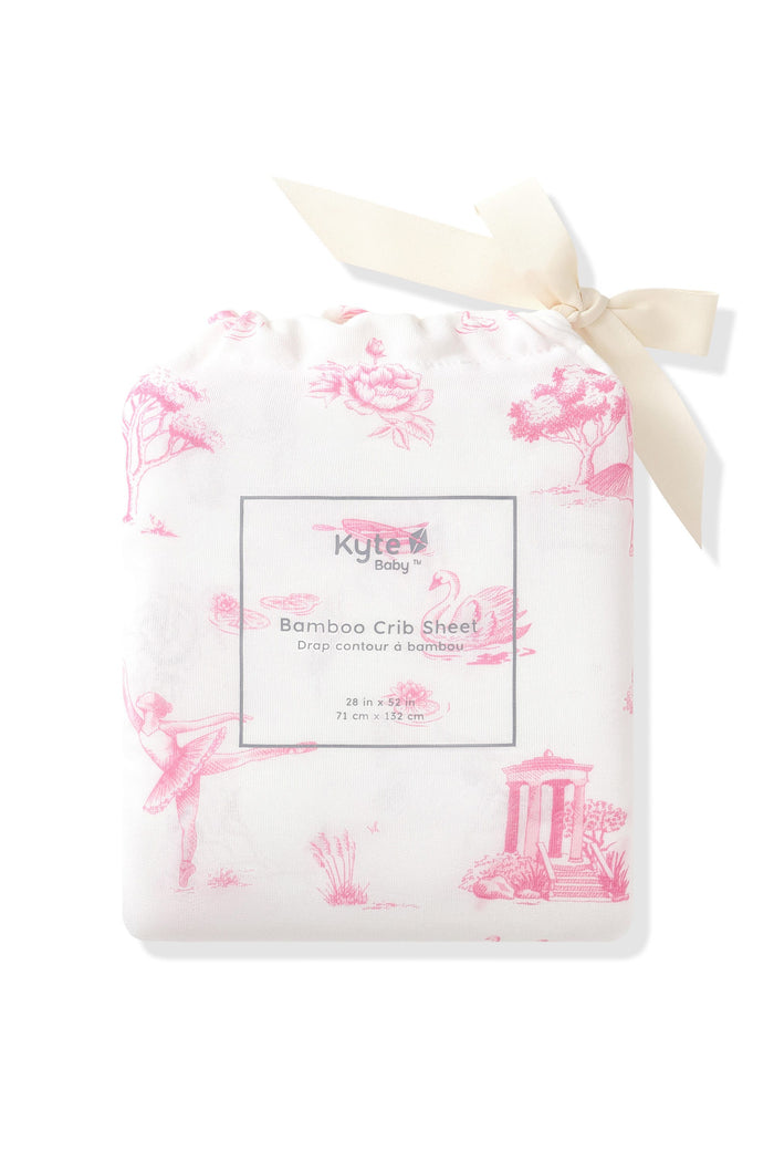 Crib Sheet in Toile Ballet shown in its packaging