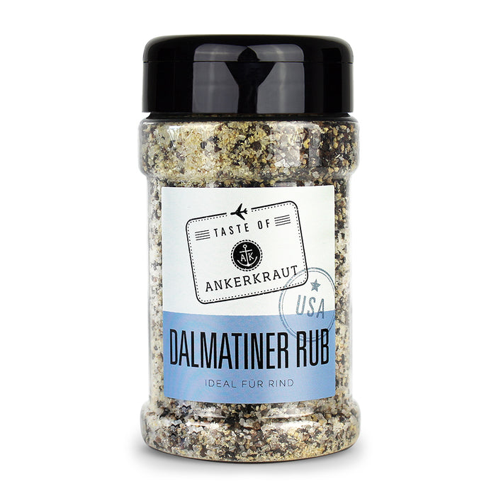 Ankerkraut Dalmatiner Rub im Gewürzstreuer vor weißem Hintergrund.