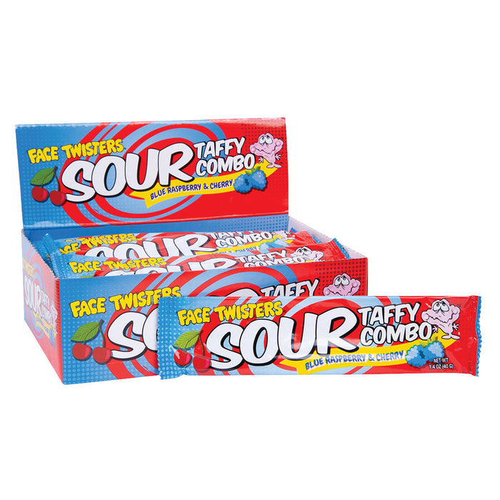 Face Twisters Blue Raspberry Cherry Sour Taffy Candy - 24 Count