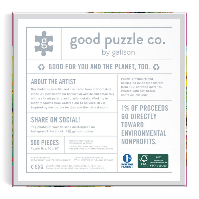 The Good Puzzle Co. Countryside Harvest 500pc Puzzle by Bex Parkin comes in a square box with artist info, nontoxic inks, recycled materials, social sharing invite, and notes that 1% of proceeds support environmental nonprofits.