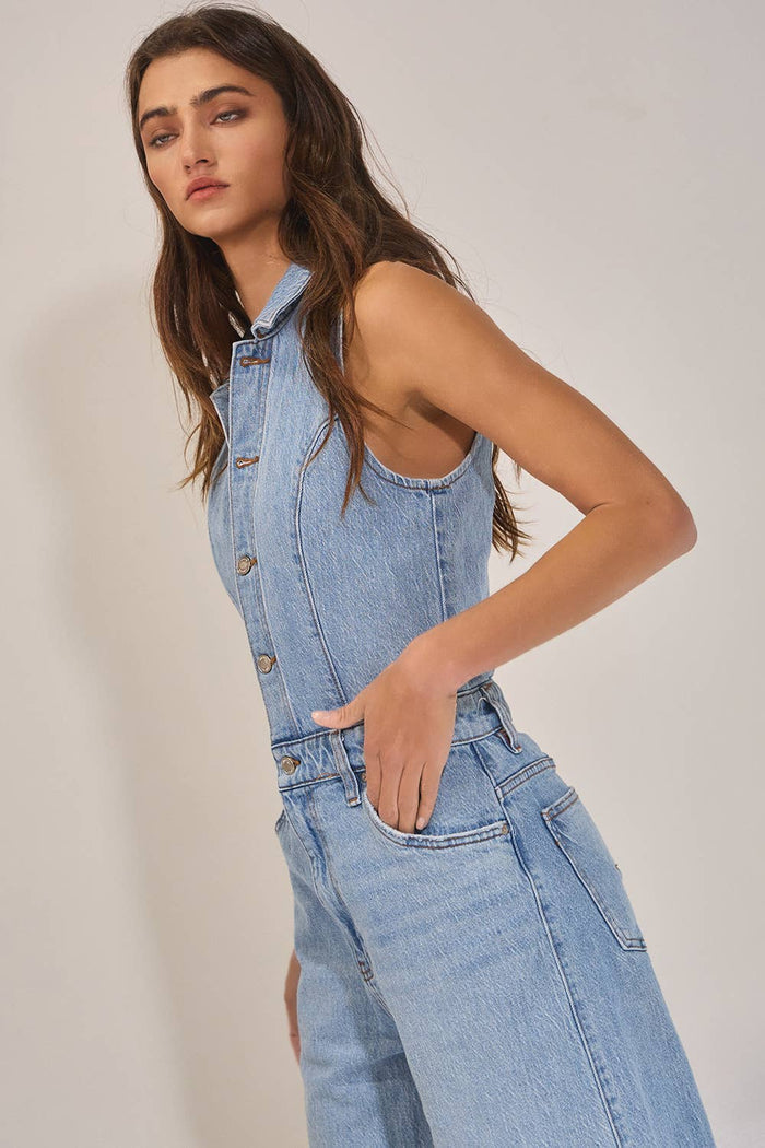 IR5621 Collared Wide Leg Denim Jumpsuit
