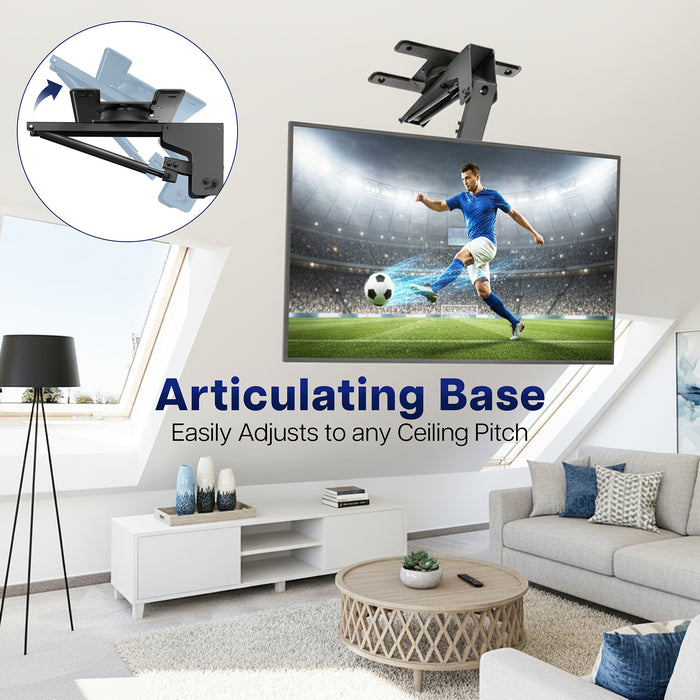 Living room with a Manual Flip Down TV Ceiling Mount mounted on the wall, featuring an articulating base.
