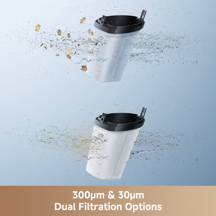 Two white filter cups with black lids on a light blue background, labeled '300µm & 30µm Dual Filtration Options'.
