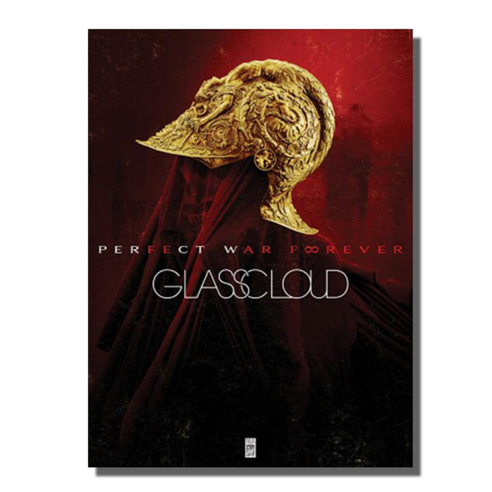 A dramatic poster from Glass Cloud features a golden ornate helmet on a dark figure against red, with PERFECT WAR FOREVER and GLASSCLOUD in bold white. Delivered safely in a poster tube, this design adds mystery to any space.