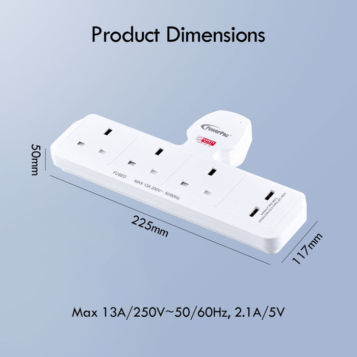 PowerPac Multi Plug Extension Adapter with 3 Way, 2x USB-A, Power Extension Socket Adaptor (PP288U)