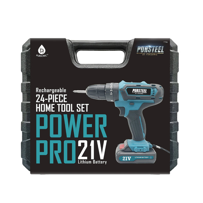 Pursteel Power Pro 21V home tool set packaging with drill illustration