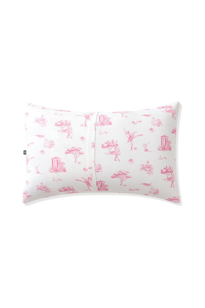 The back of the Standard Pillowcase in Toile Ballet showing the envelope closure on a pillow