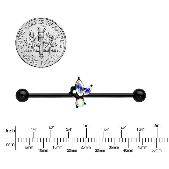 14G Aurora CZ Gem Black Fleur de Lis Butterfly Industrial Barbell 38mm