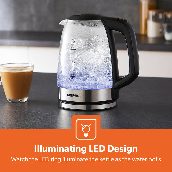 1.7L Black Rapid Boil Glass Electric Kettle With LED
