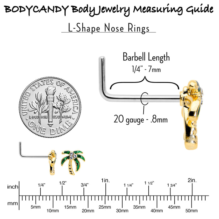 20G 1/4 Clear Gem Golden Palm Tree Style L Shape Nose Ring