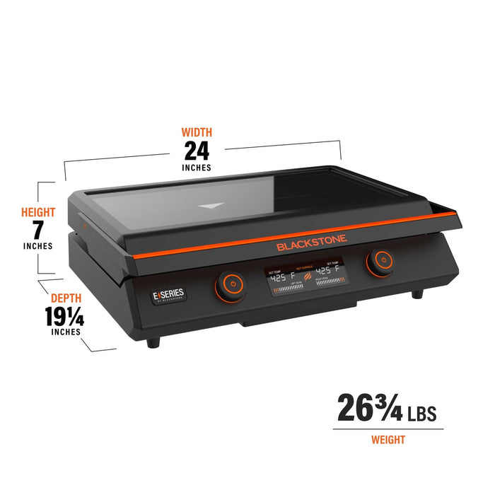 The griddle measures 24 inches by 7 inches by 19 1/4 inches.