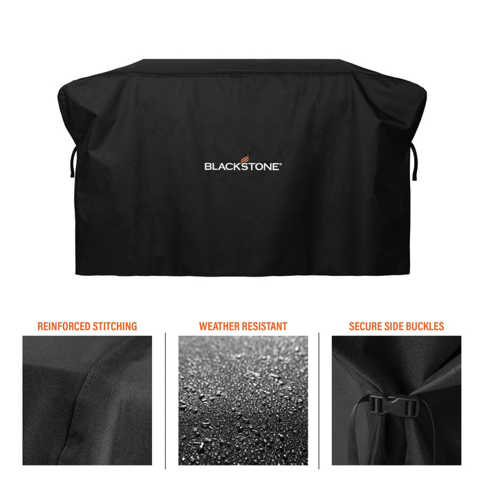 The cover is weather resistant and includes reinforced stitching and secure side buckets to keep it tight to the griddle, no matter the weather.