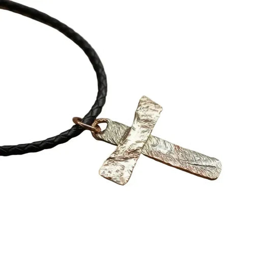 925 Silver Copper Hammer Forged Masculine Cross Necklace on a black cord.