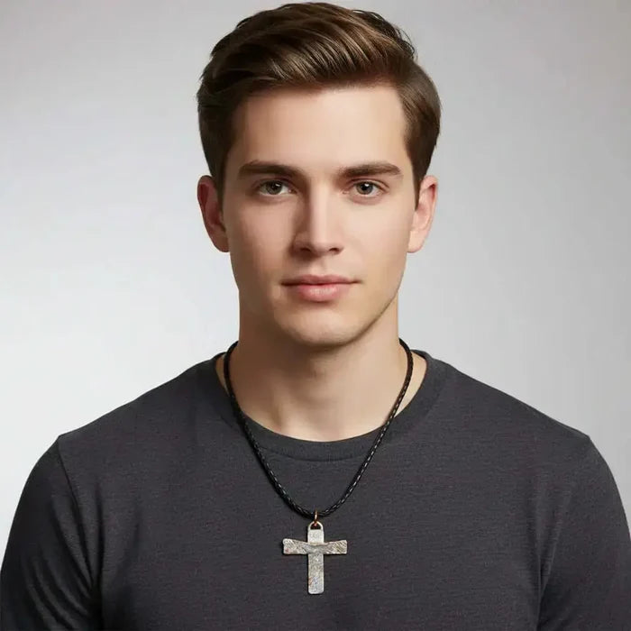 925 Silver Copper Hammer Forged Masculine Cross Necklace worn by a man, showcasing its bold design and craftsmanship.