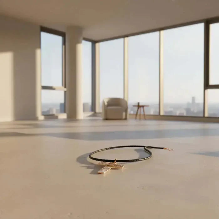 925 Silver Copper Hammer Forged Masculine Cross Necklace on a floor in a modern, spacious room with city view.