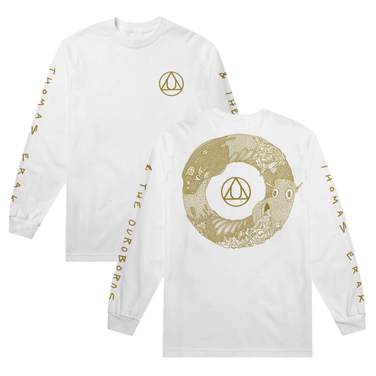 A white long sleeve shirt has the Au symbol in the top right of the shirt with "Thomas Erak & The Ouroboros" written on the sleeves. On the back of the shirt, there's a gold sketch of an ouroboros with the symbol for gold in the middle.