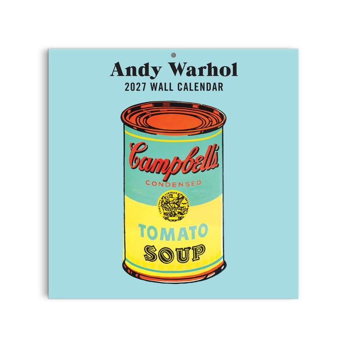 The Andy Warhol 12 x 12 Wall Calendar 2027 by the Andy Warhol Foundation For The Visual Arts features his iconic Campbell’s tomato soup can on a light blue cover with “Andy Warhol 2027 Wall Calendar” above the image.