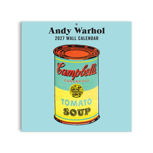 The Andy Warhol 12 x 12 Wall Calendar 2027 by the Andy Warhol Foundation For The Visual Arts features his iconic Campbell’s tomato soup can on a light blue cover with “Andy Warhol 2027 Wall Calendar” above the image.