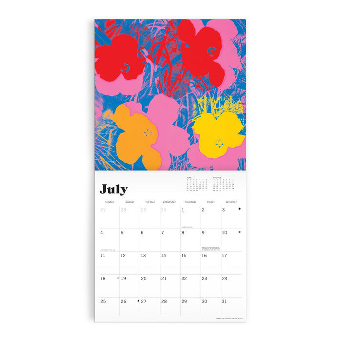 The Andy Warhol Foundation For The Visual Arts 12 x 12 Wall Calendar 2027 features a July page with vibrant red, pink, yellow, and orange flowers on a blue and purple background above the date grid.