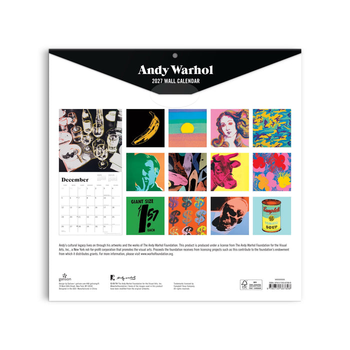 The back cover of the Andy Warhol 12 x 12 Wall Calendar 2027 by Andy Warhol Foundation For The Visual Arts features the December page and 13 bright thumbnails of Warhol’s pop art, including Campbell’s Soup, Marilyn Monroe, and bananas.