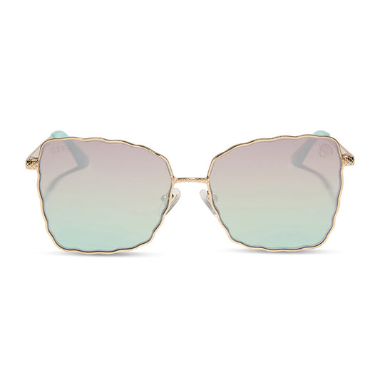 disney princess x diff eyewear featuring the ariel 2.0 sunglasses with a Shimmering Gold frame and Iridescent Sea Foam Pink To Blue Gradient Lenses front view