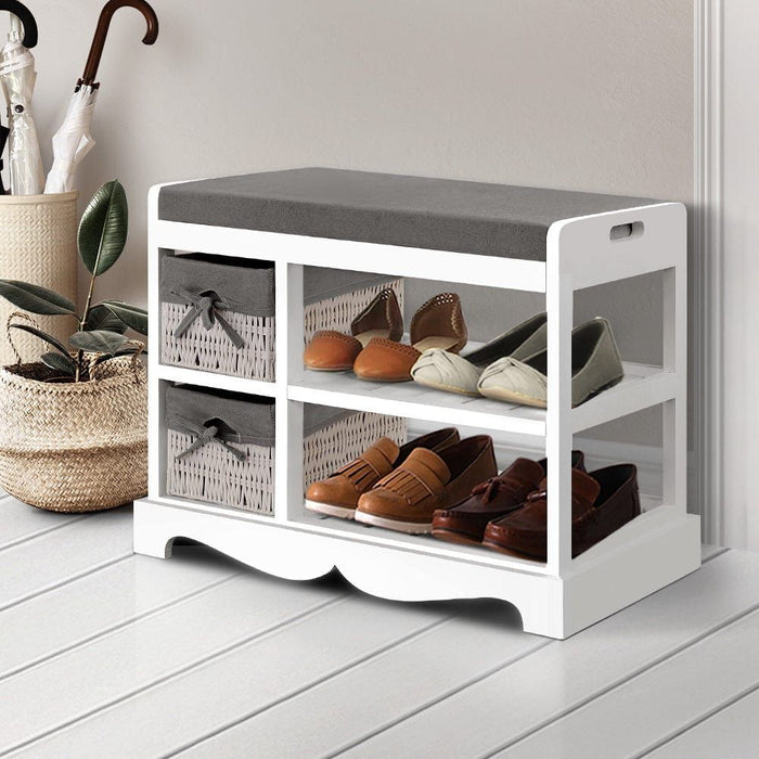 Artiss Shoe Cabinet Bench Rack Wooden Storage Organiser Shelf Stool 2 Drawers -Home Living Store - -