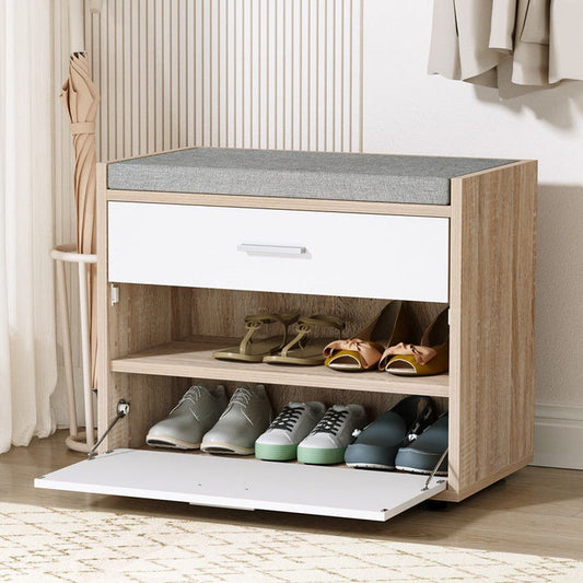 Artiss Shoe Cabinet Bench Shoes Storage Organiser Rack Fabric Seat Wooden Cupboard Up to 8 pairs -Home Living Store - -
