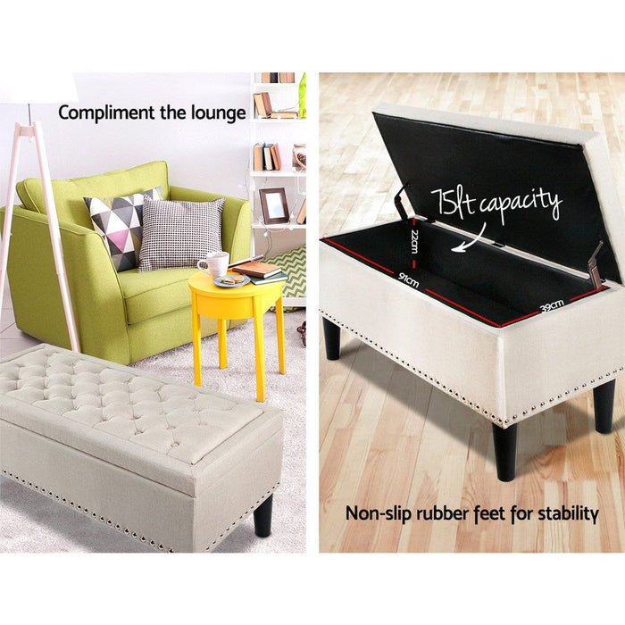 Artiss Storage Ottoman Blanket Box 96cm Linen Taupe -Home Living Store - -