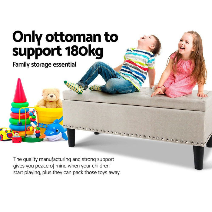 Artiss Storage Ottoman Blanket Box 96cm Linen Taupe -Home Living Store - -
