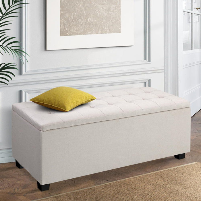 Artiss Storage Ottoman Blanket Box 97cm Linen Beige -Home Living Store - -