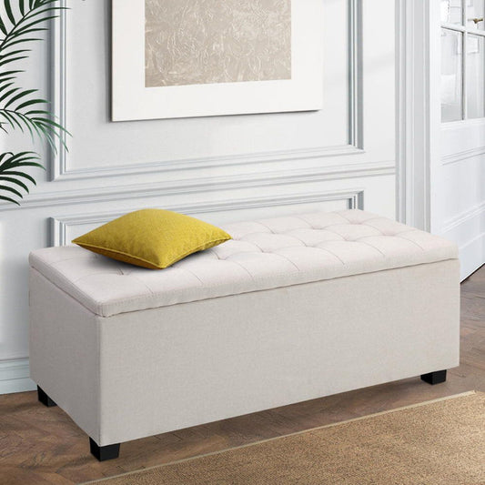 Artiss Storage Ottoman Blanket Box 97cm Linen Beige -Home Living Store - -