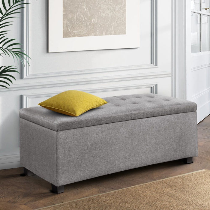 Artiss Storage Ottoman Blanket Box 97cm Linen Light Grey -Home Living Store - -