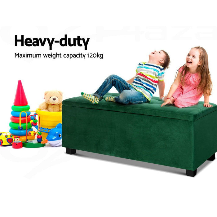Artiss Storage Ottoman Blanket Box 98cm Velvet Green -Home Living Store - -
