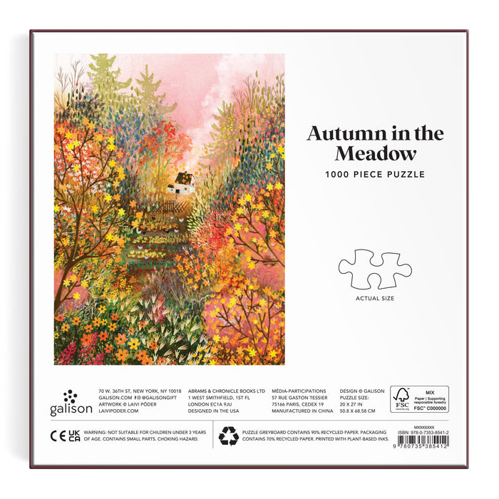 Box for the Autumn in the Meadow 1000 Piece Puzzle by Laivi Põder, featuring vibrant fall foliage, wildflowers, and a white house amid colorful trees in a detailed botanical autumn landscape.