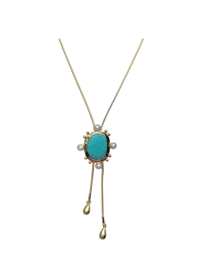 Amazonite and freshwater pearl adjustable Bolo-Tie Ava necklace for everyday summer styling