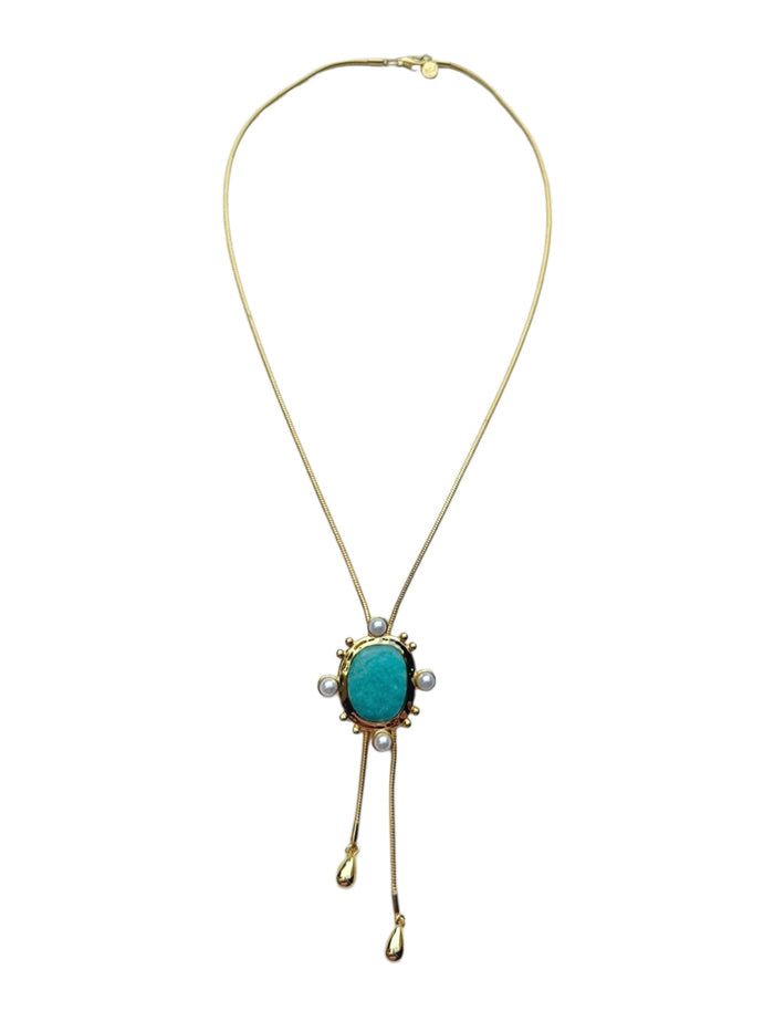 Amazonite and freshwater pearl adjustable Bolo-Tie Ava necklace for everyday summer styling