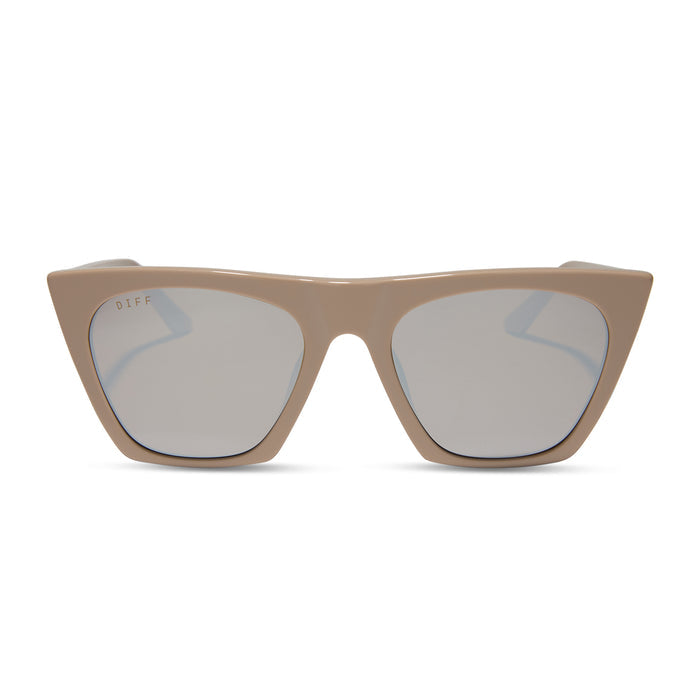 diff eyewear featuring the avril cat eye oversized sunglasses with a almond brown frame and silver flash lenses front view