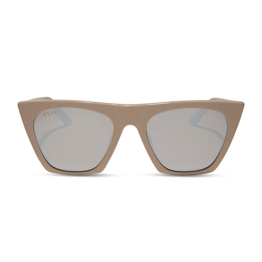 diff eyewear featuring the avril cat eye oversized sunglasses with a almond brown frame and silver flash lenses front view