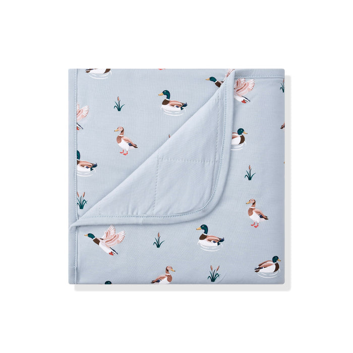 Baby Blanket in Mallard Duck with the corner folded down showing the light blue backing