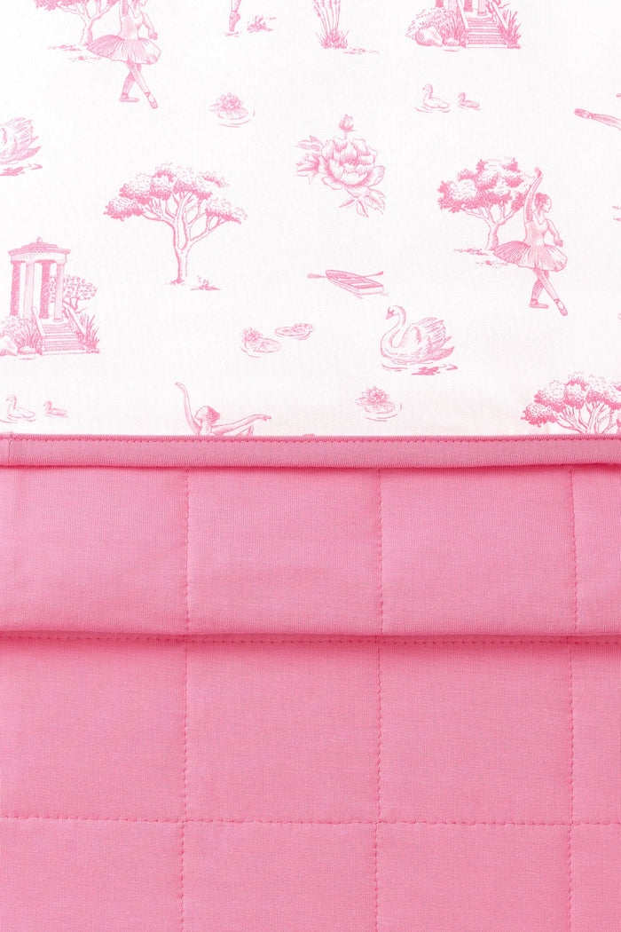Close up of the quilted dark pink backing and smooth printed top layer