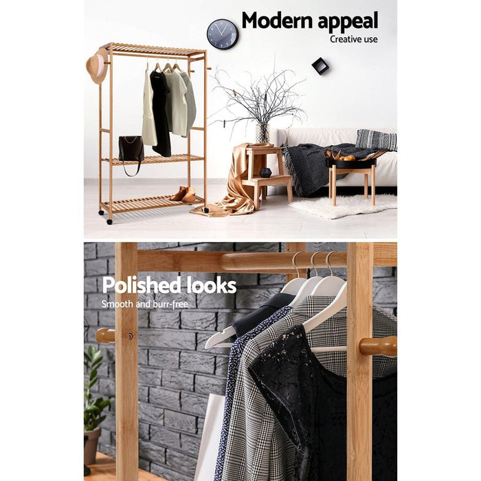 Bamboo Clothes Rack Coat Stand Garment Hanger Wardrobe Portable Air'er -Home Living Store - -
