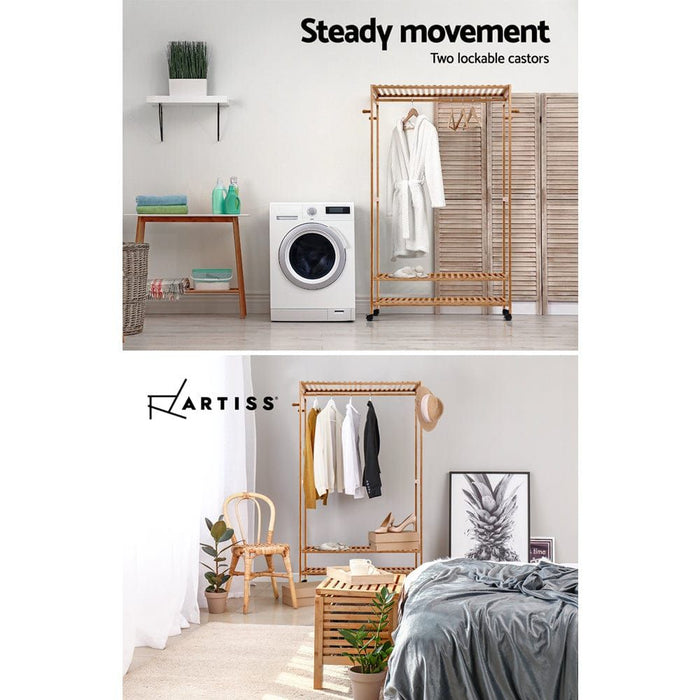 Bamboo Clothes Rack Coat Stand Garment Hanger Wardrobe Portable Air'er -Home Living Store - -