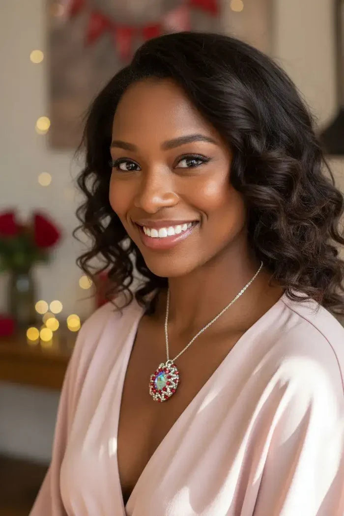 Woman wearing a Beaded Super Sparkly Swarovski Rosette Star Pendant Necklace, smiling in soft lighting.