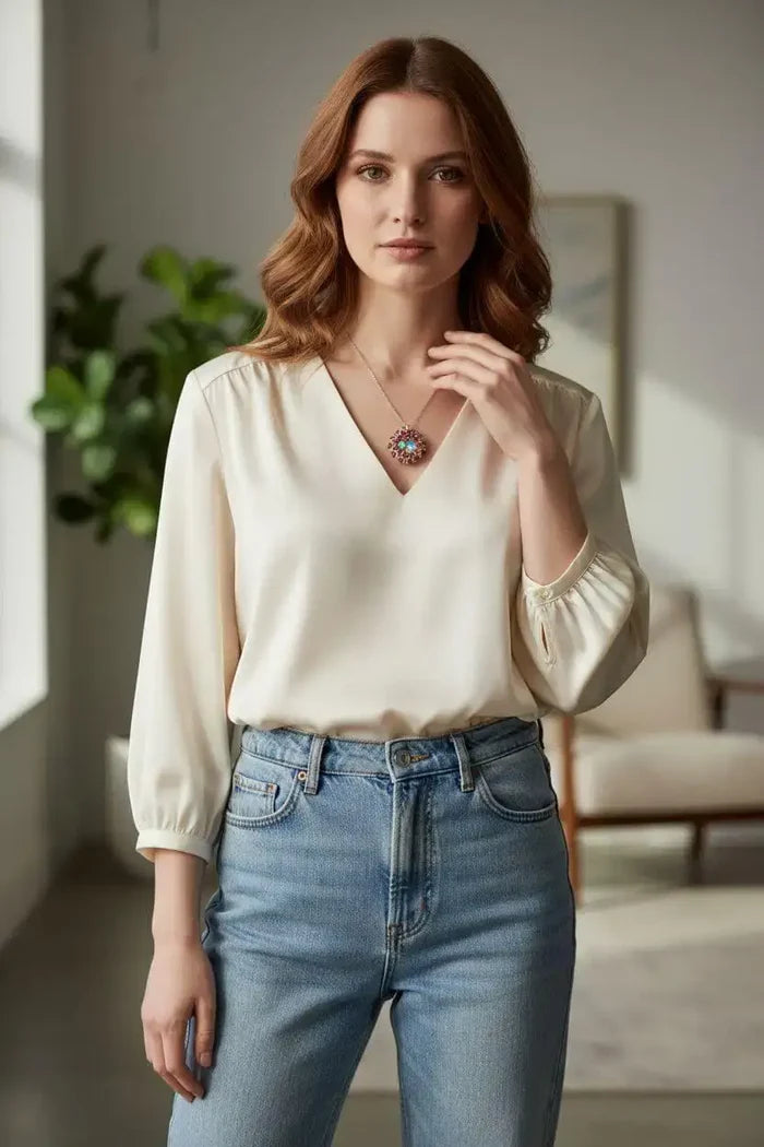 Beaded Super Sparkly Swarovski Rosette Star Pendant Necklace showcased on a model wearing a cream blouse and blue jeans.