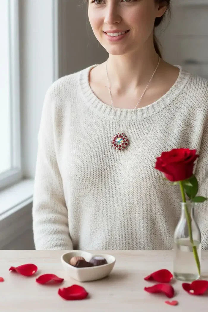 Beaded Super Sparkly Swarovski Rosette Star Pendant Necklace worn by a woman with a rose and chocolates.