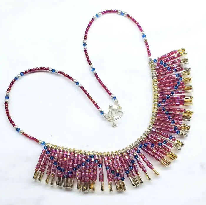 Handmade beaded Swarovski crystal zig zag bib choker necklace featuring pink and blue beads.