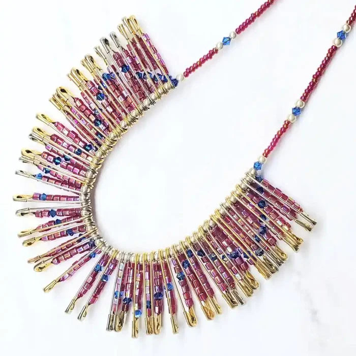 Handmade beaded Swarovski crystal zig zag bib choker necklace with gold safety pins and colorful beads.